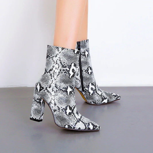 Women Boots Shoe High Heels Boots Botas Toe Ankle Snakeskin Boots Block Square Heels Snake Print Chunky Bootie Shoes