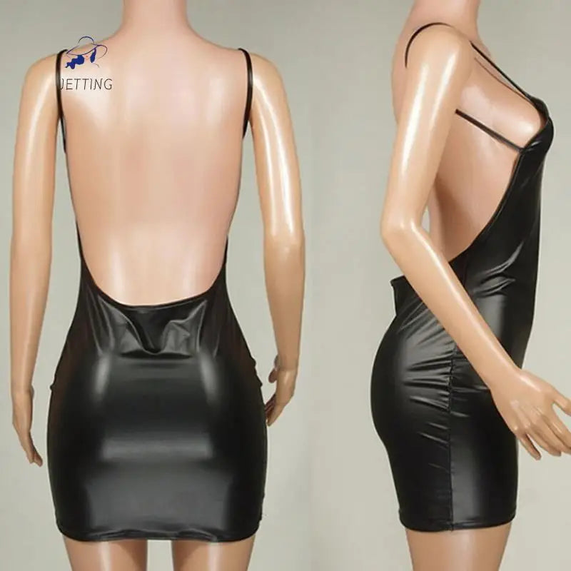 Sexy Glossy Faux Leather Dress Backless Club Party