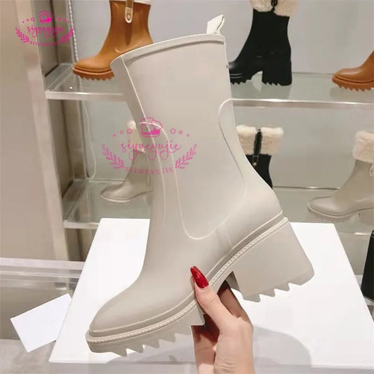 2023 PVC Chunky Heel Rain boots for Women Thick Sole Ankle Boots Designer Brand Chelsea Boots Mid calf Rubber Shoes Boots Mujer