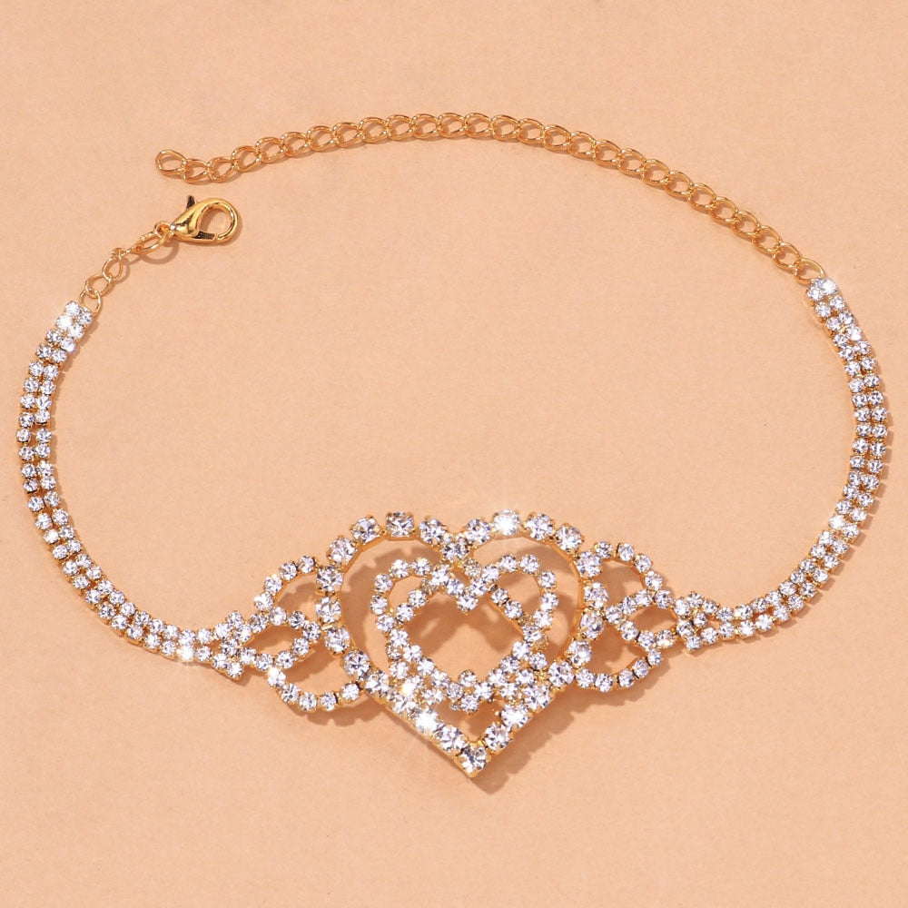 Double Heart  Rhinestone Anklet