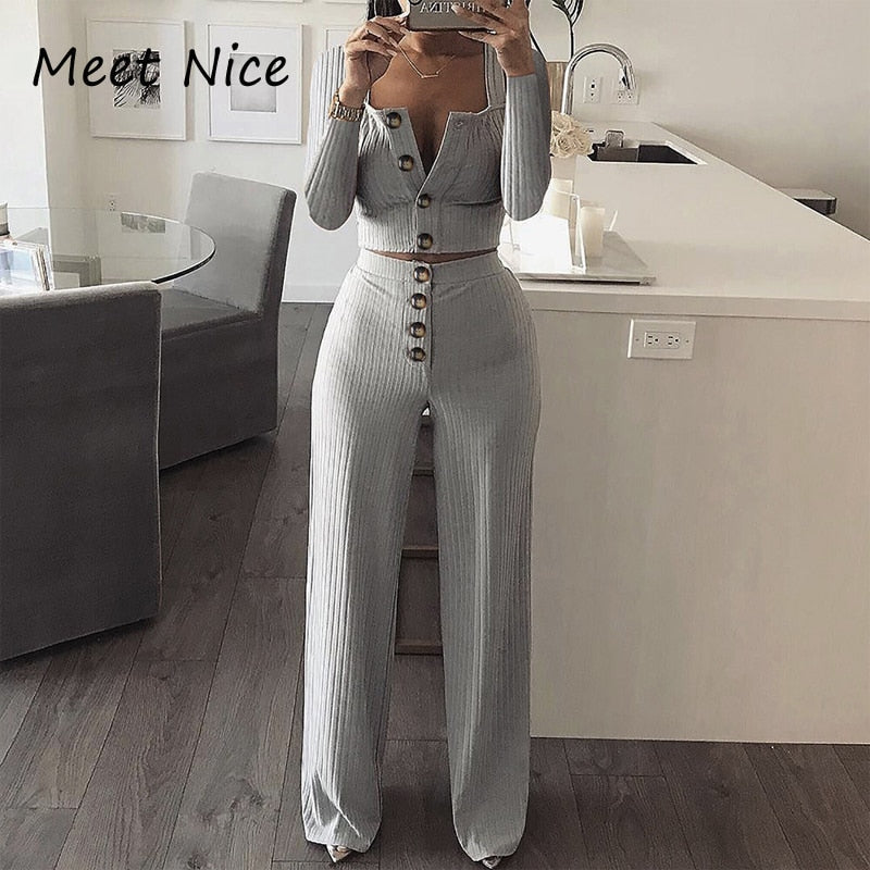 Ribbed 2 Two Piece Set Crop Tops and Pants