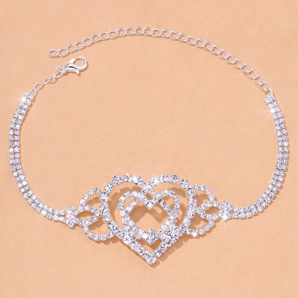 Double Heart  Rhinestone Anklet