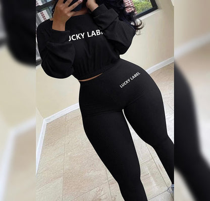 Letter Embroidery Two Piece Sweatshirt+Leggings Casual Sporty