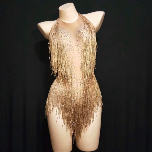 Sparkly Rhinestones Fringes Bodysuit